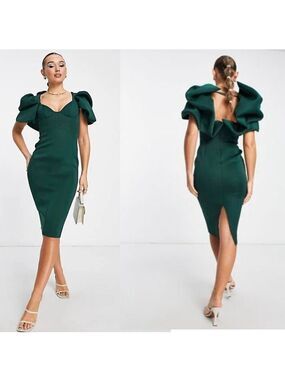 ASOS Design dark green puff balloon sleeve scuba V-neck bodycon cocktail dress 6